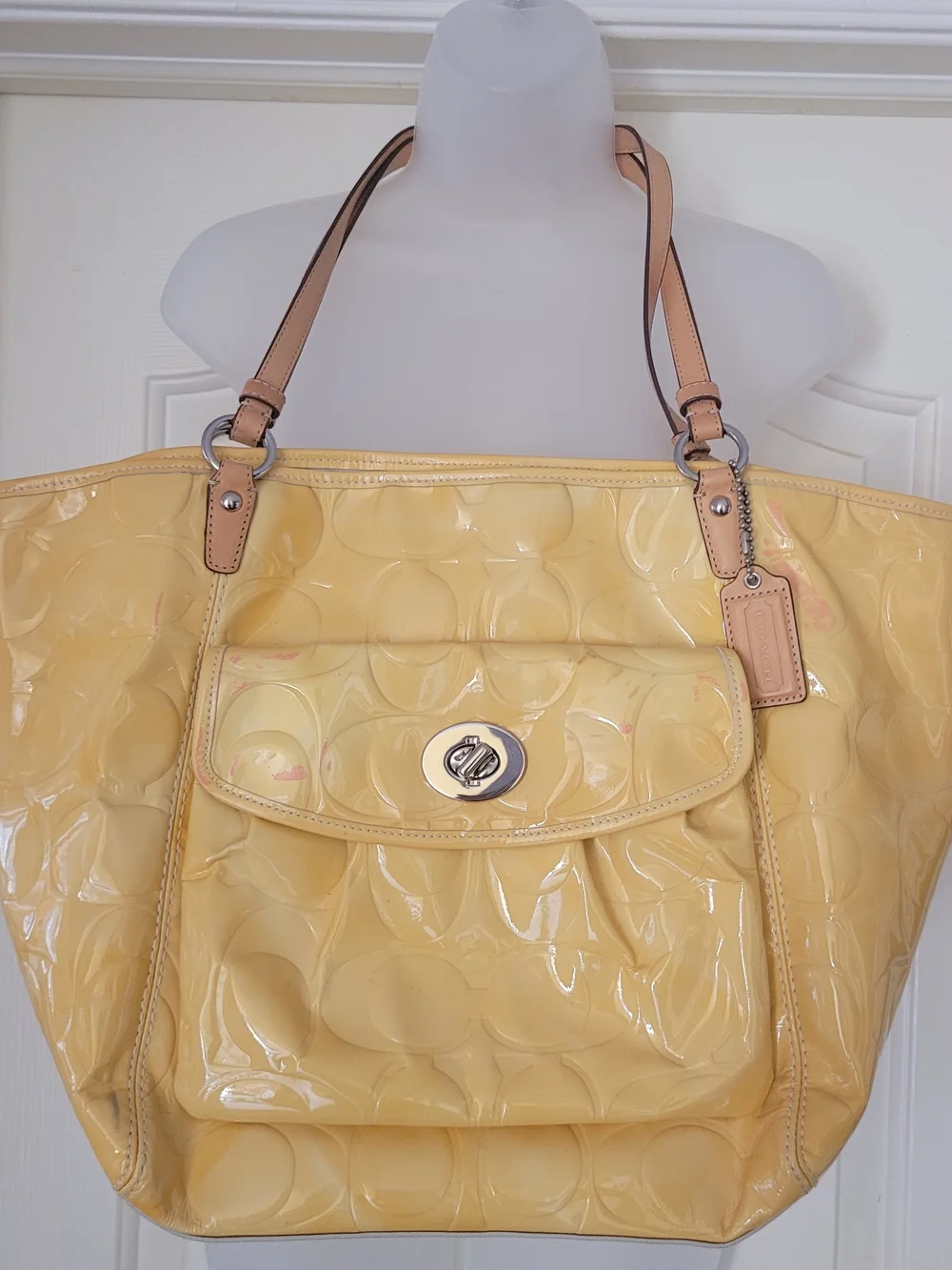 Coach Yellow Patent Leather Shoulder Bag with Tan Straps
